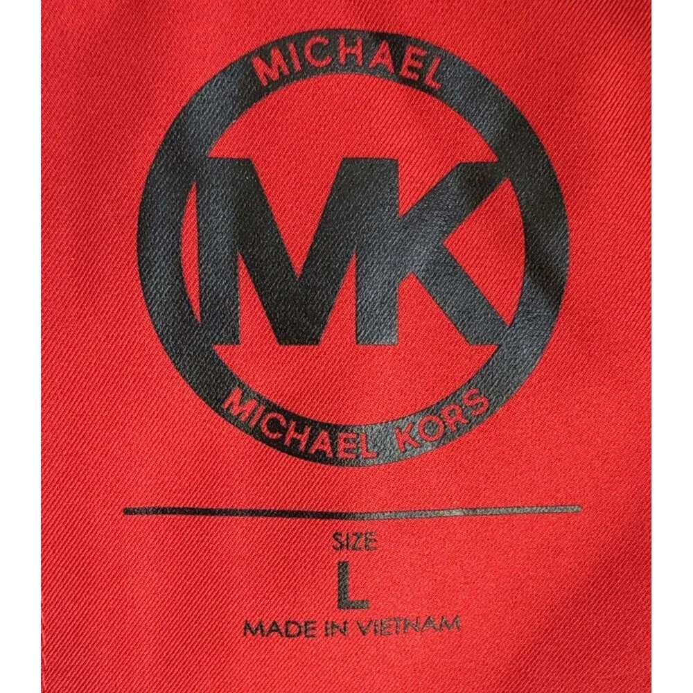 Michael Kors Womens L Red Hooded Puffer Jacket Faux Fur Trim Knit Side Panels